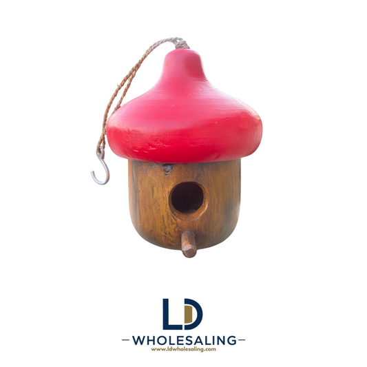 Bird House Acorn Large Natural & Red Roof